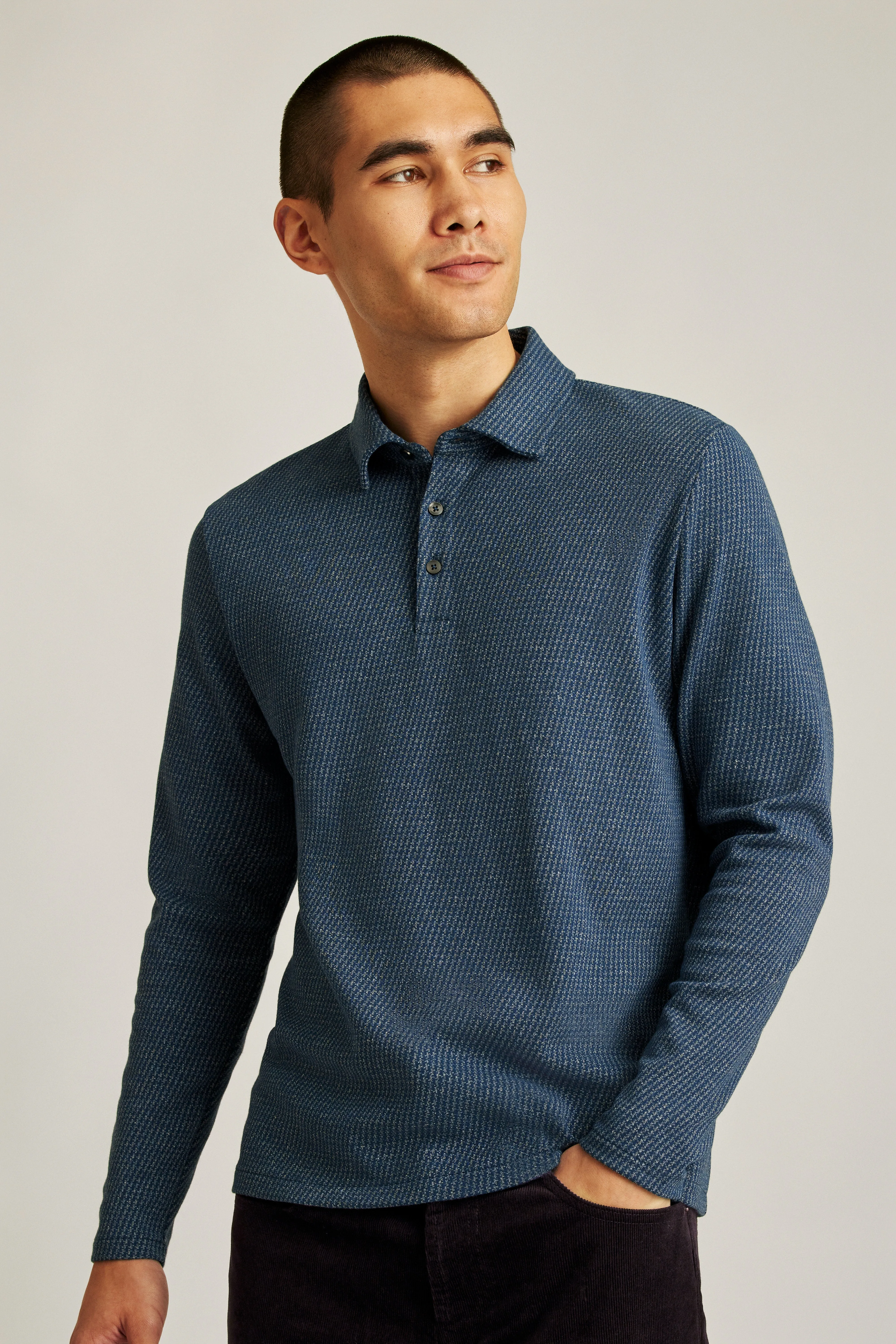 Bonobos Navy Puppytooth Luxe Long Sleeve Polo