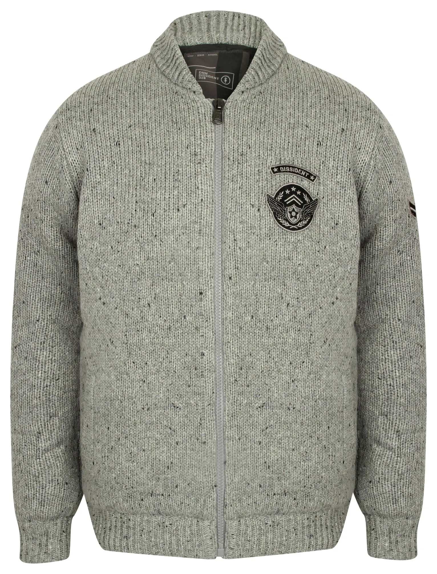 Cromford Knitted Bomber Jacket with Military Badges in Light Grey Nep - Dissident