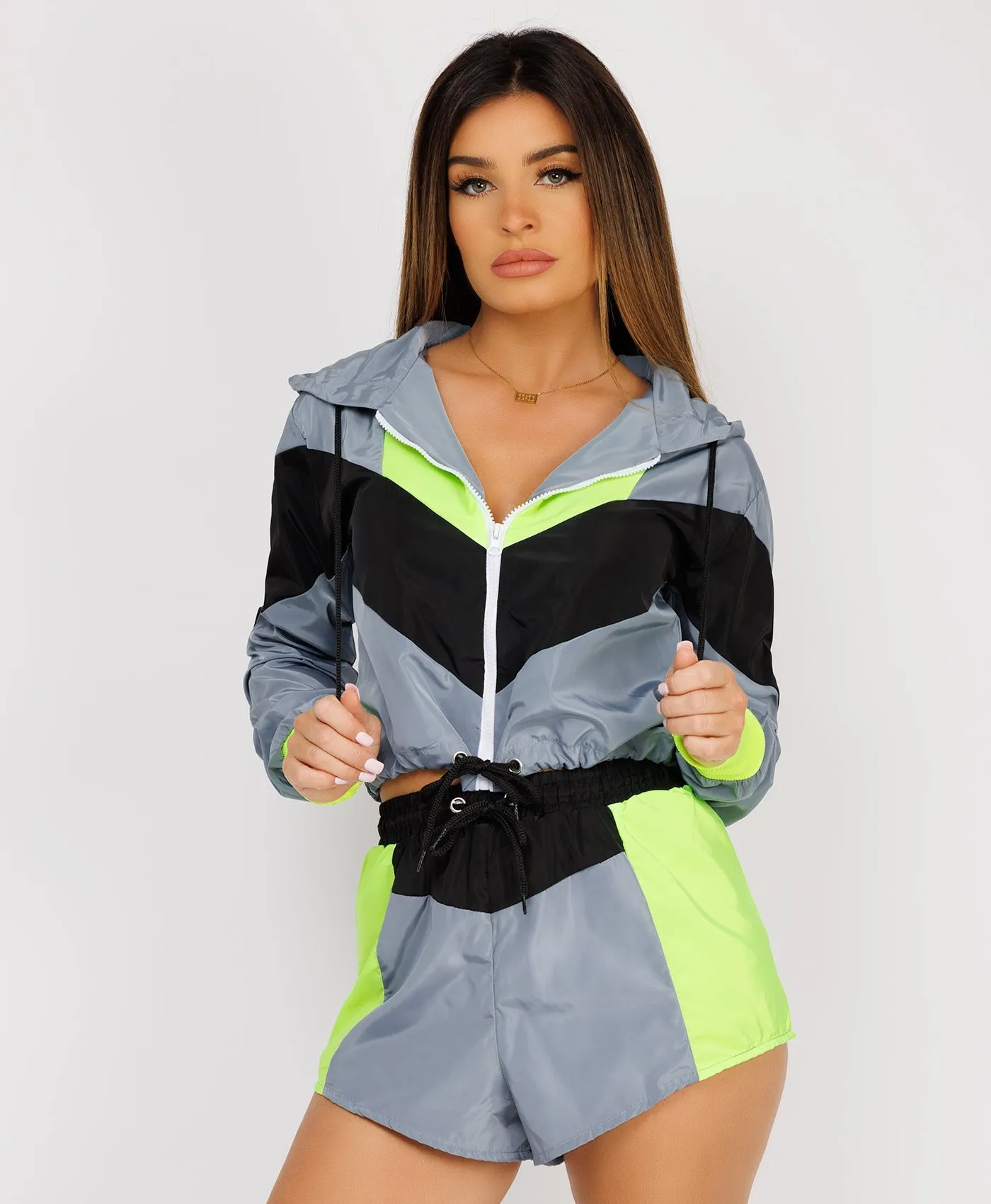 Grey Green Block Jacket & Shorts Festival Co Ord