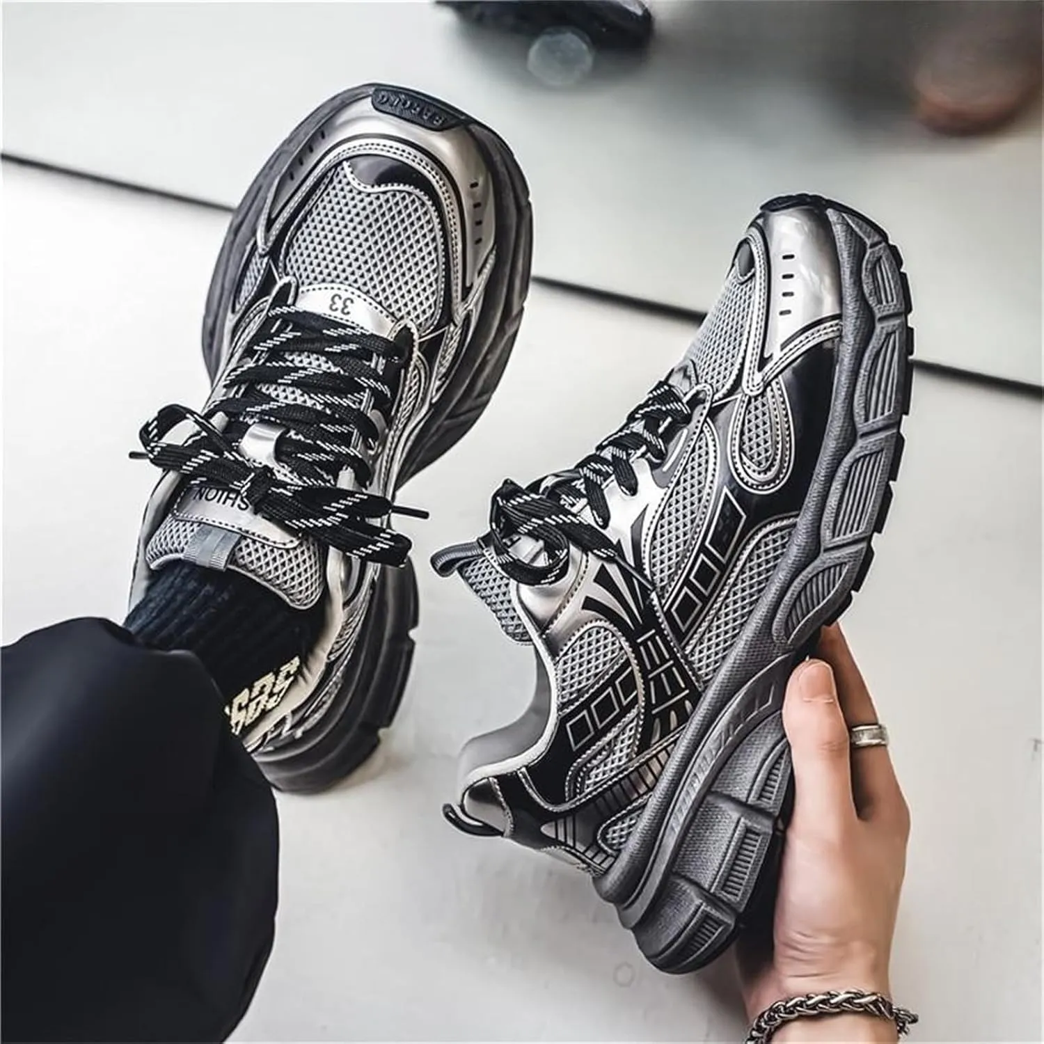 Men's Fashion Breathable Chunky Platform Lace-Up Sneakers Comfortable Non Slip Workout Sport Dad Shoes for Tennis Walking Driving