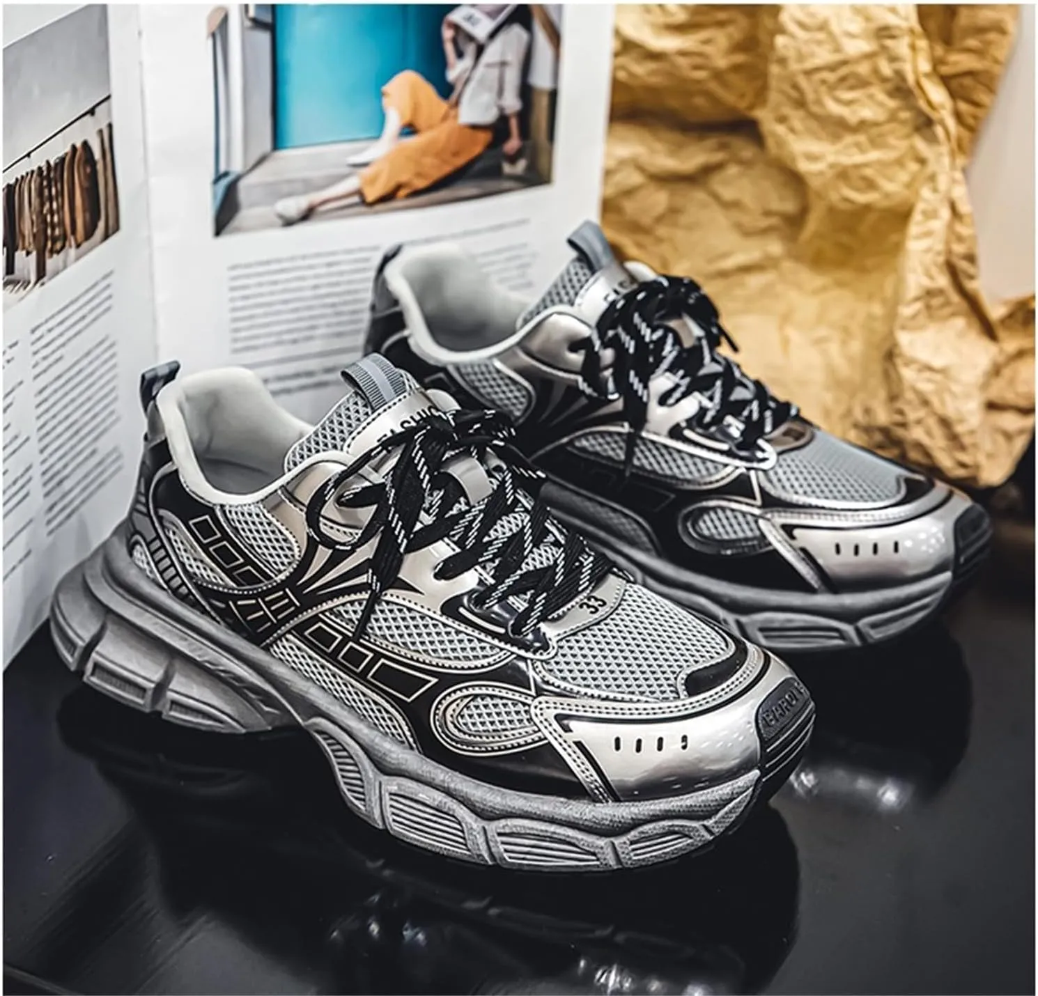 Men's Fashion Breathable Chunky Platform Lace-Up Sneakers Comfortable Non Slip Workout Sport Dad Shoes for Tennis Walking Driving