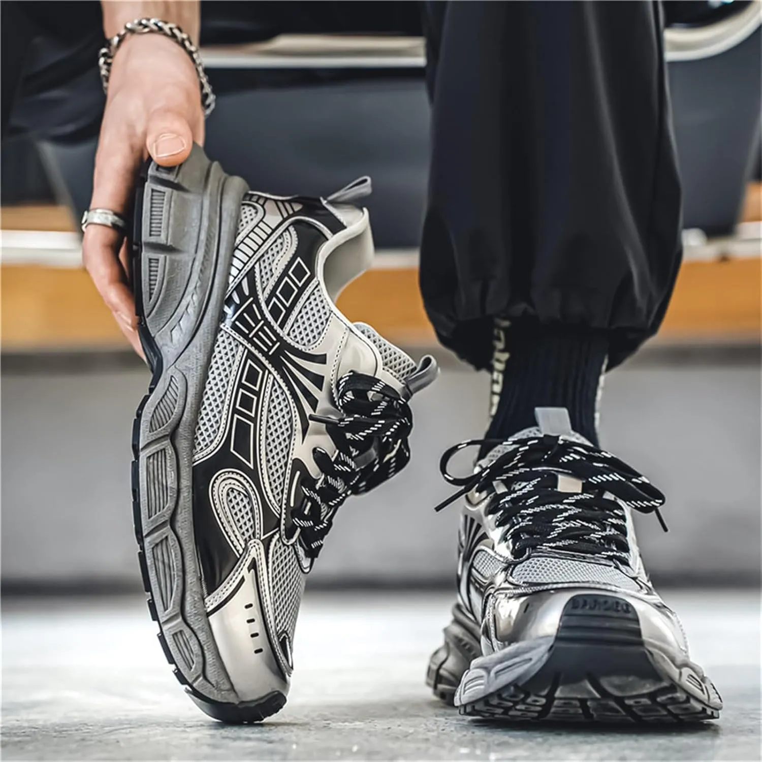 Men's Fashion Breathable Chunky Platform Lace-Up Sneakers Comfortable Non Slip Workout Sport Dad Shoes for Tennis Walking Driving