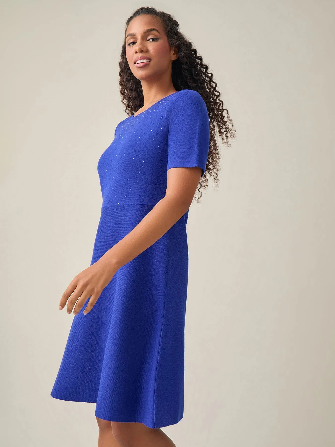 Plus Quarter Sleeve Crew Neck Dress, Royal Signature