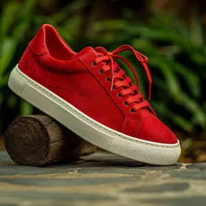 Red Suede Leather Raimondo Lace-Up With White Sole Sneakers