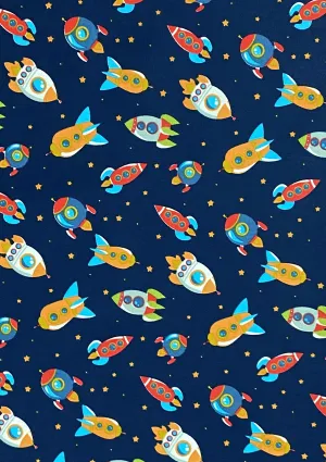 Rockets Spaceships Print Cotton Fabric 45" Wide Poplin Space Theme Dress D#141 (Navy)