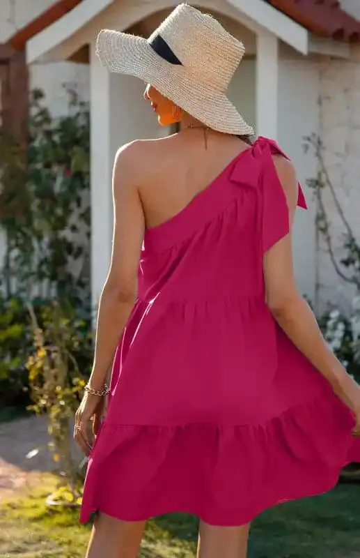 Women’s Diagonal Neck Solid Color Ruffle Dress