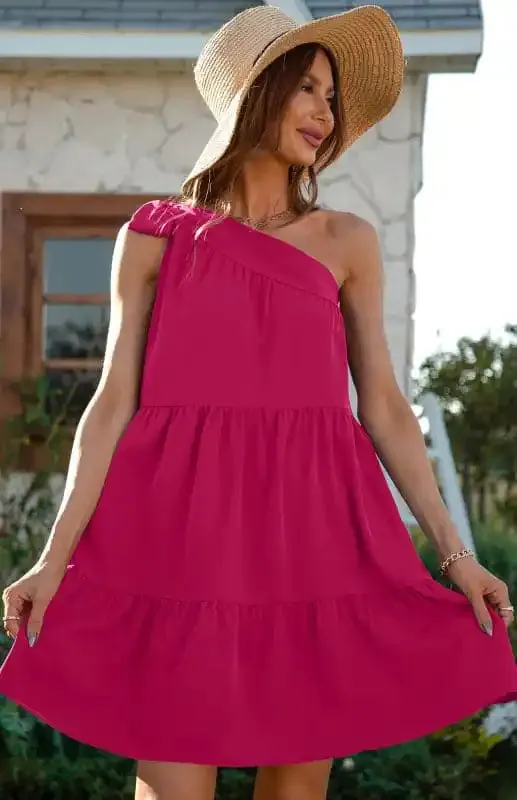 Women’s Diagonal Neck Solid Color Ruffle Dress