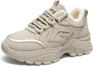 Womens Leather Lace Up Chunky Sneakers with Fur Lined Casual Non-Slip Platform Shock Absorbing Heighten Fashion Winter Warm Walking Workout Dad Shoes