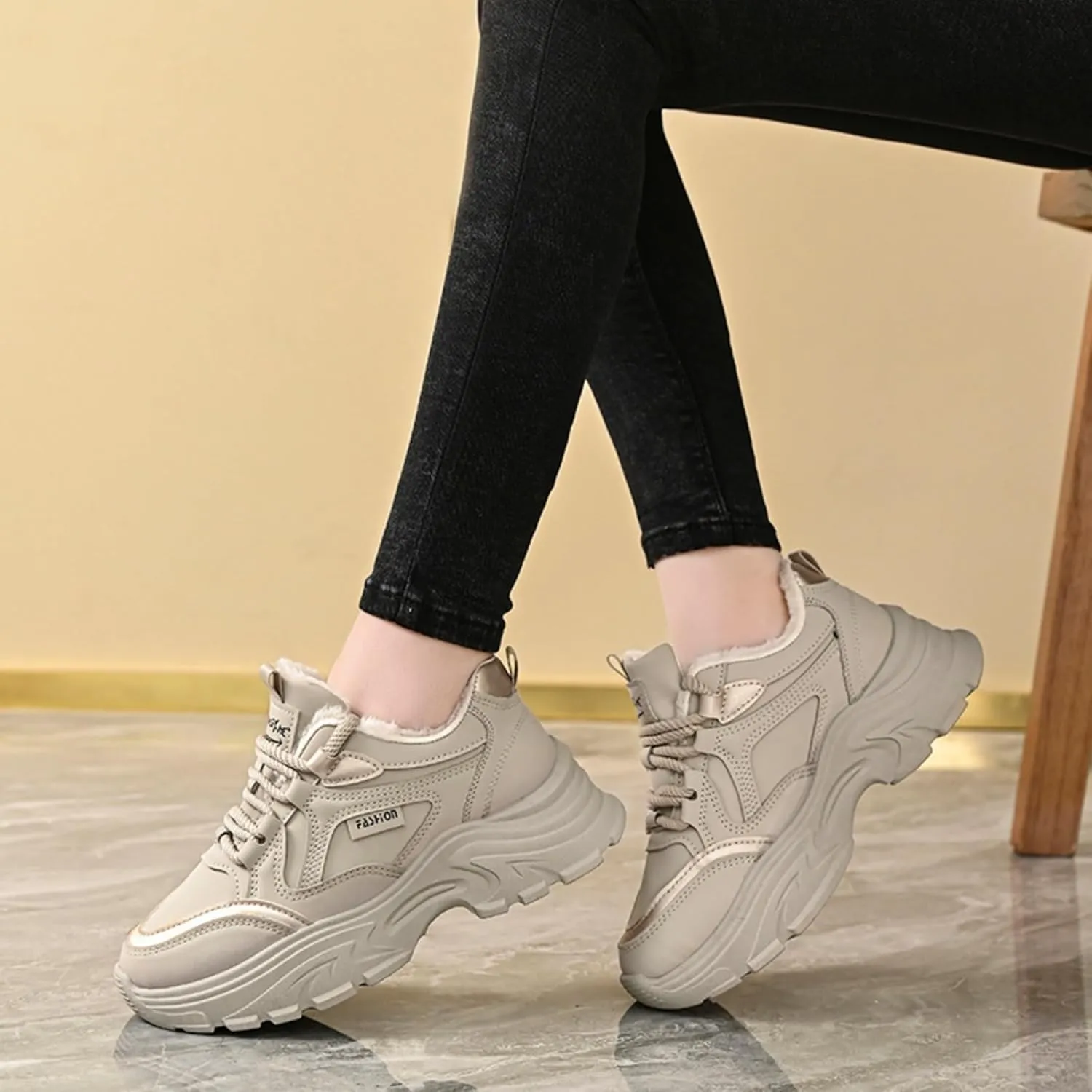 Womens Leather Lace Up Chunky Sneakers with Fur Lined Casual Non-Slip Platform Shock Absorbing Heighten Fashion Winter Warm Walking Workout Dad Shoes