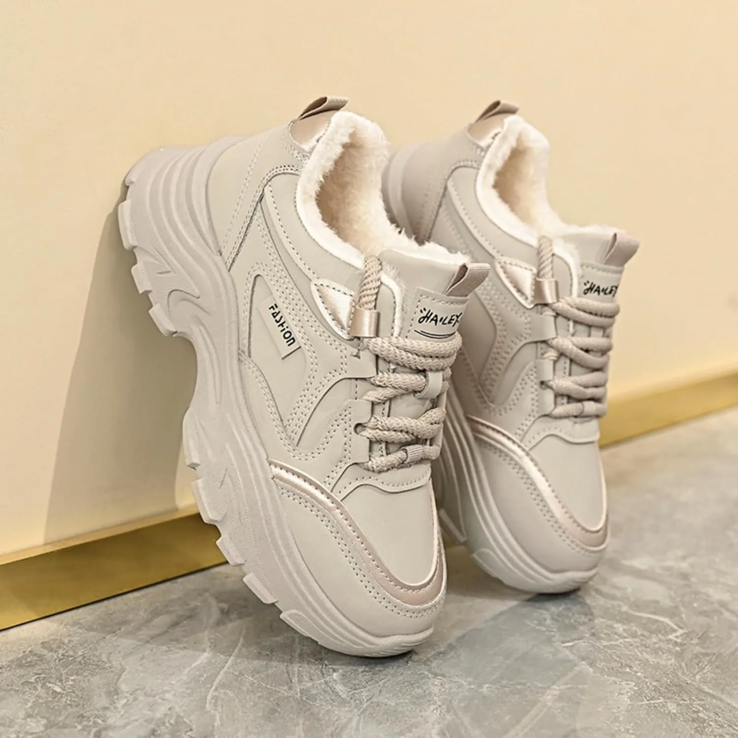 Womens Leather Lace Up Chunky Sneakers with Fur Lined Casual Non-Slip Platform Shock Absorbing Heighten Fashion Winter Warm Walking Workout Dad Shoes