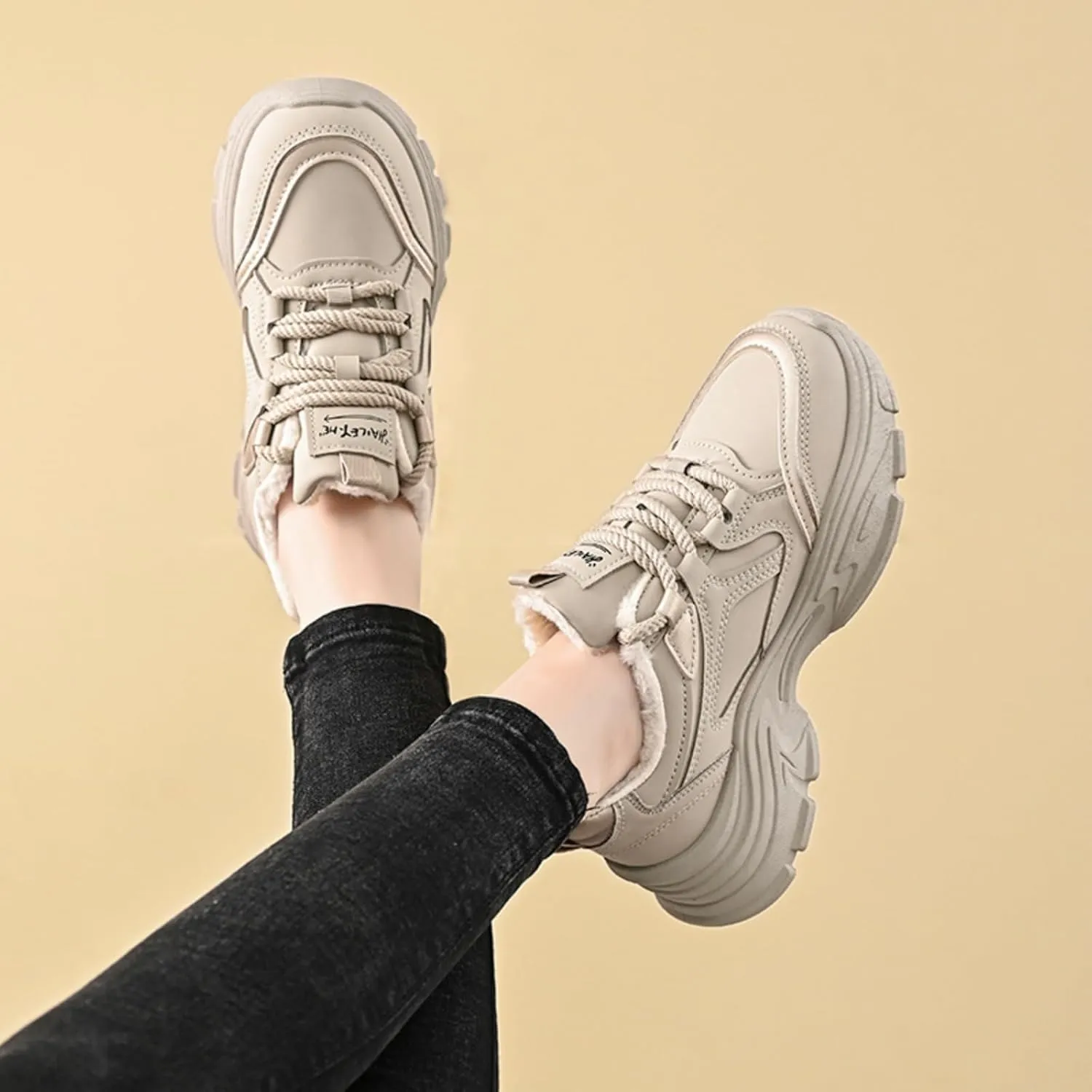 Womens Leather Lace Up Chunky Sneakers with Fur Lined Casual Non-Slip Platform Shock Absorbing Heighten Fashion Winter Warm Walking Workout Dad Shoes