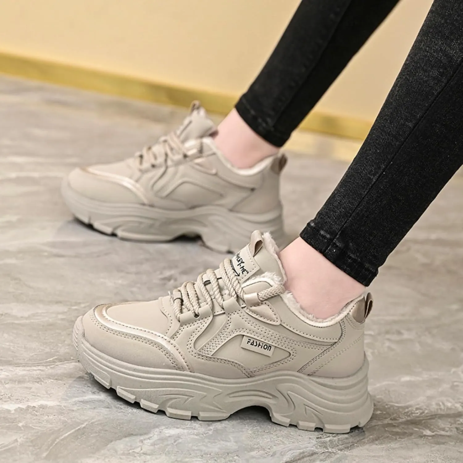 Womens Leather Lace Up Chunky Sneakers with Fur Lined Casual Non-Slip Platform Shock Absorbing Heighten Fashion Winter Warm Walking Workout Dad Shoes